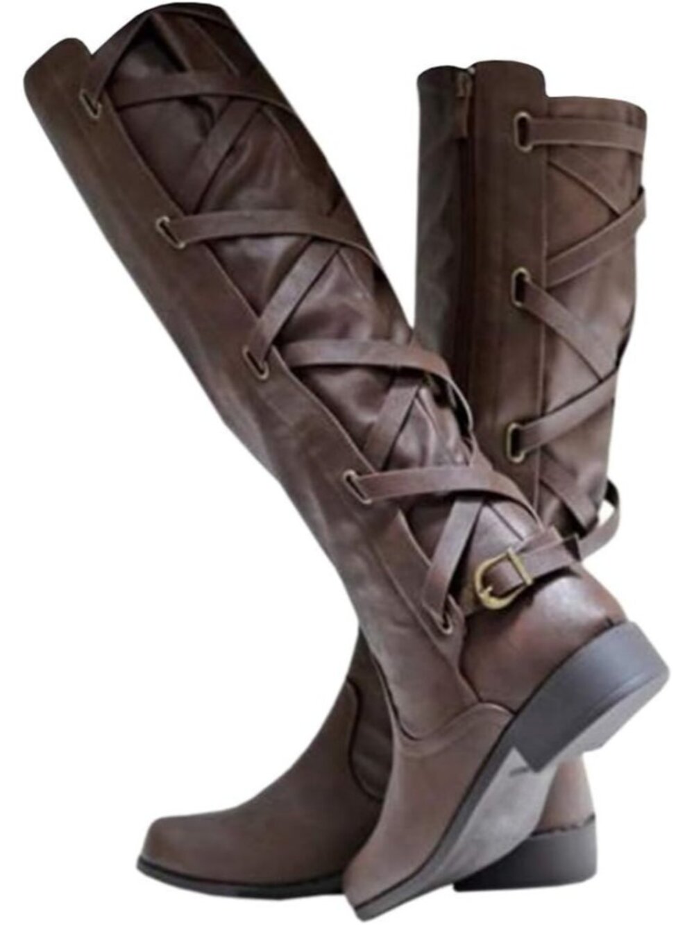 Women's Dark Brown Strappy Motorcycle Knee High Boots Winter Lace Up Riding Flat